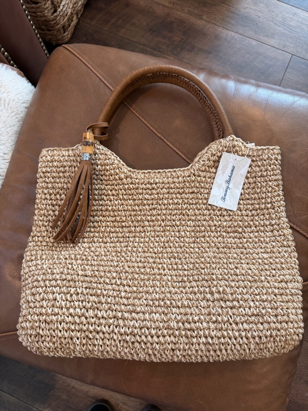 NWT Tommy Bahama Woven Straw Tote Bag | Bamboo Tassel | Summer Beach Bag
